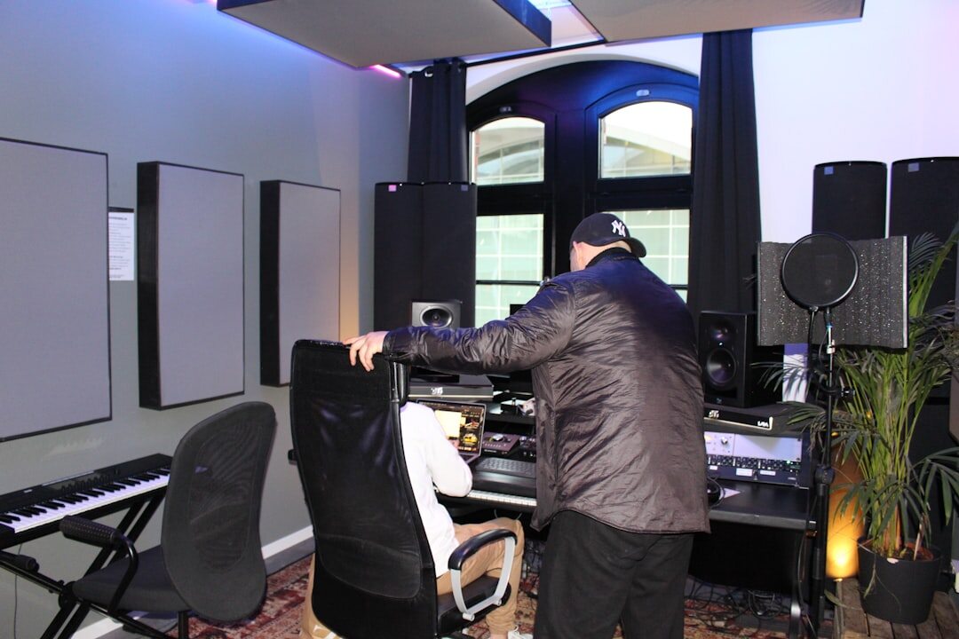 Wide interior view of a professional audio-video production studio